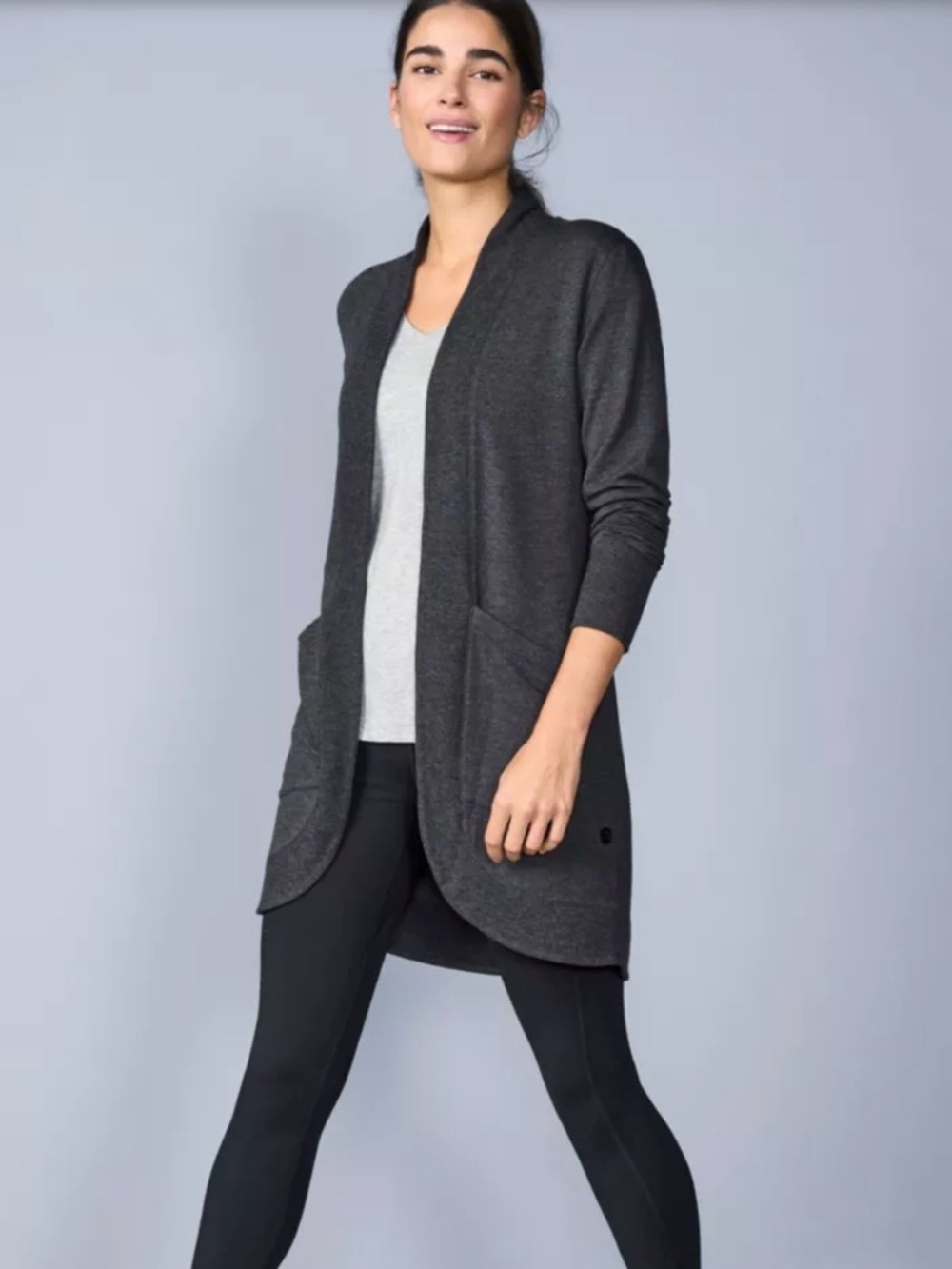L.L. Bean Women’s Soft Flex Dark Charcoal Open-Front Long Fleece Cardigan Sz L